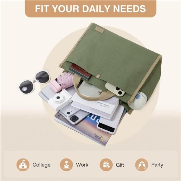 Canvas Tote Bag for Women Green - Picture 3 of 7